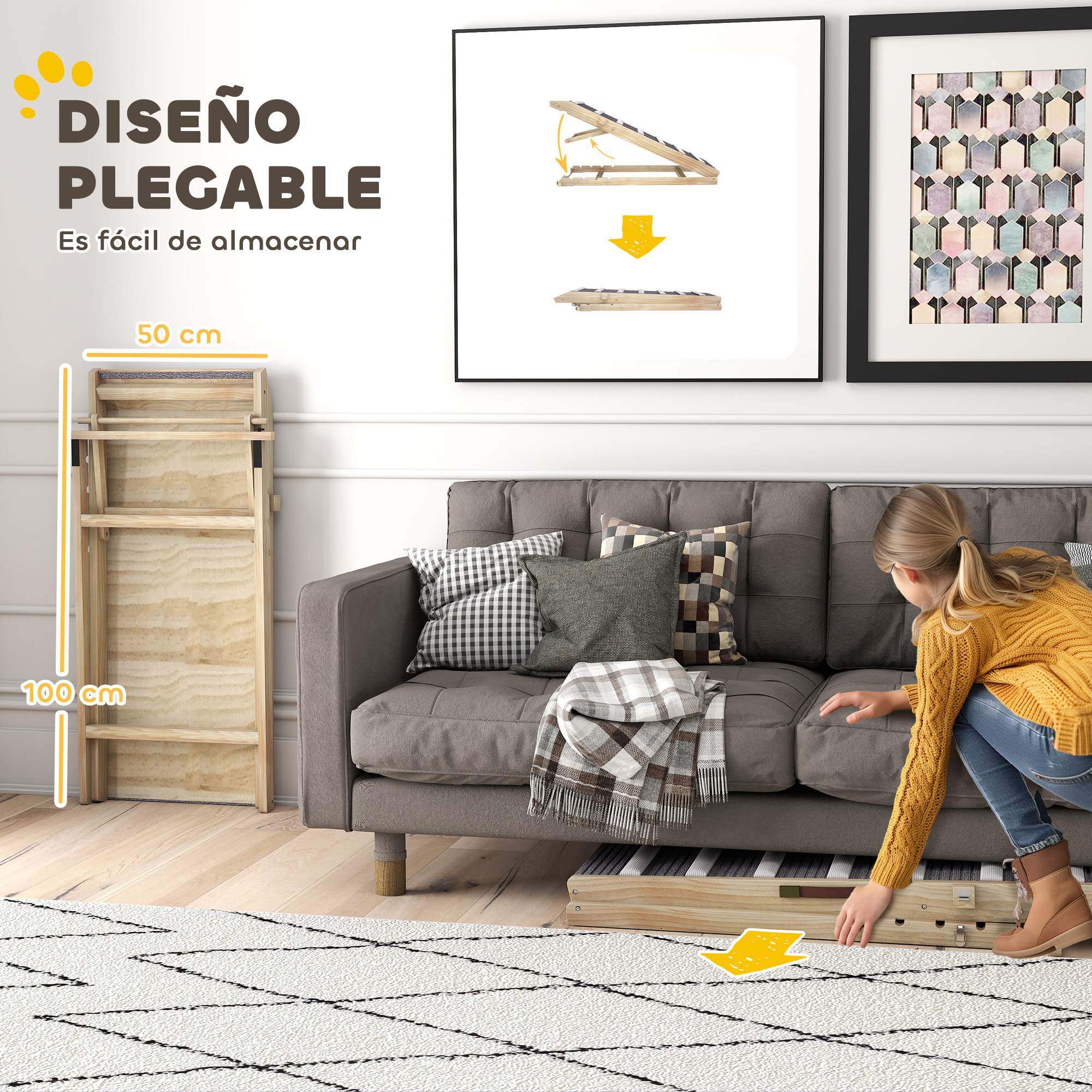 Rampa para Perros Plegable y Altura Ajustable 35-50 cm, Rampa para Mascotas de Madera con Alfombrilla Antideslizante y Asa, para Perros Pequeños Medianos y Grandes, para Cama Sofá, 100x50x50 cm