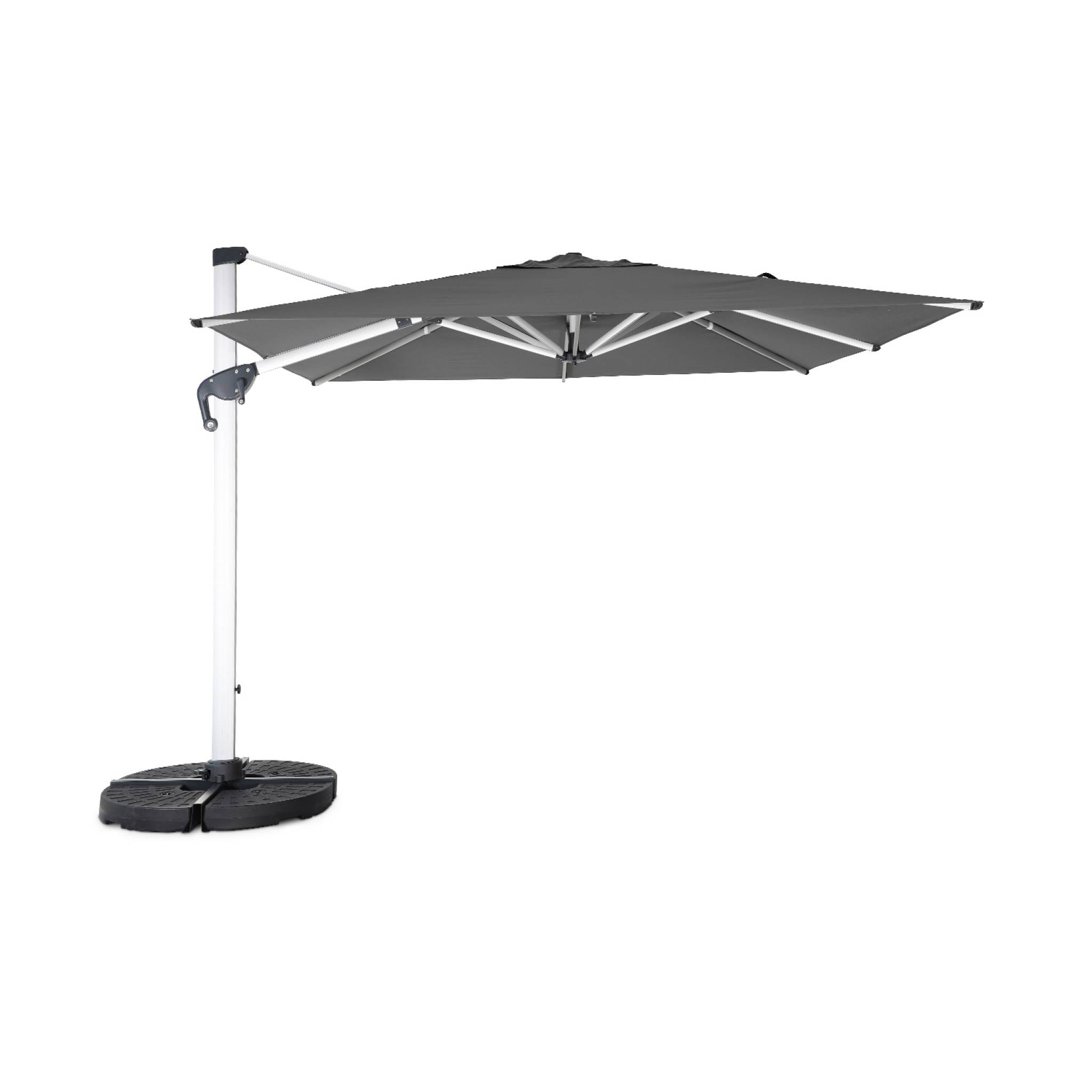 Parasol déporté haut de gamme 3x3m gris. toile en polyester teintée dans la masse. structure aluminium anodisé. housse incluse