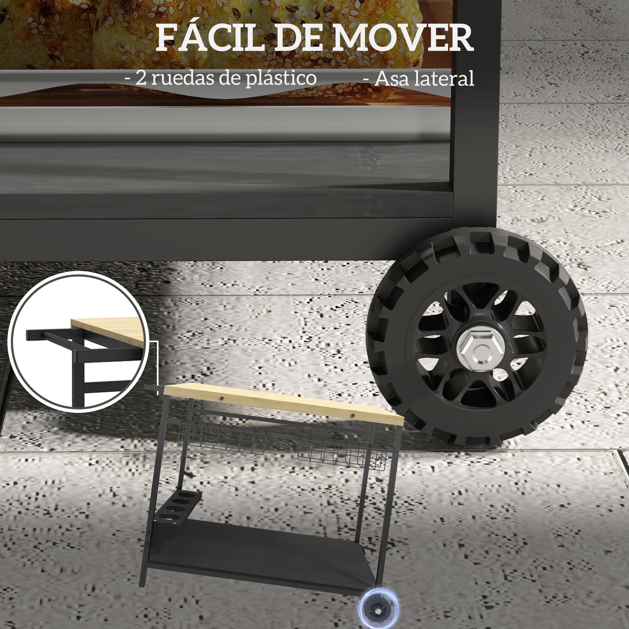 Camarera con Ruedas de Madera Carro de Servicio con 2 Estantes 2 Cestas Metálicas y Soportes para Botellas para Jardín Terraza Patio 97,5x65x81 cm Natural y Negro