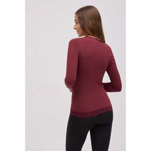 Maglietta termica con scollo a V e pizzo color marrone