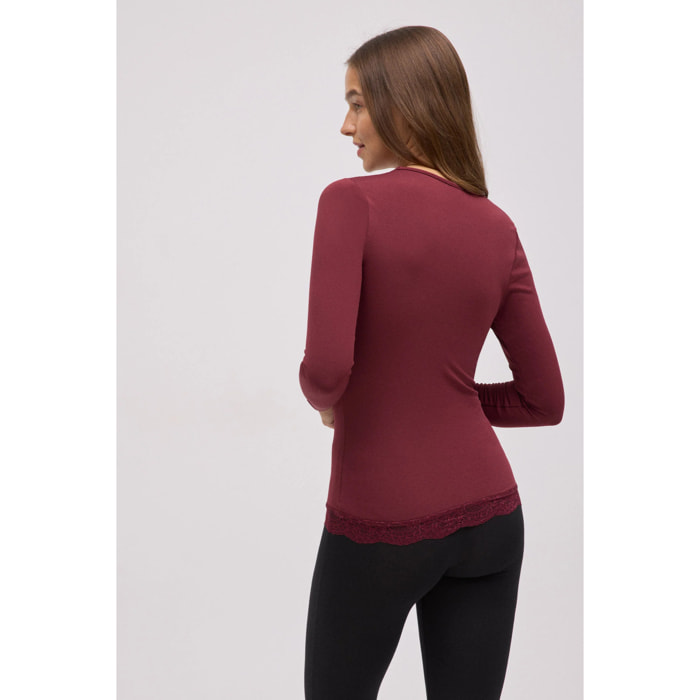 Maglietta termica con scollo a V e pizzo color marrone