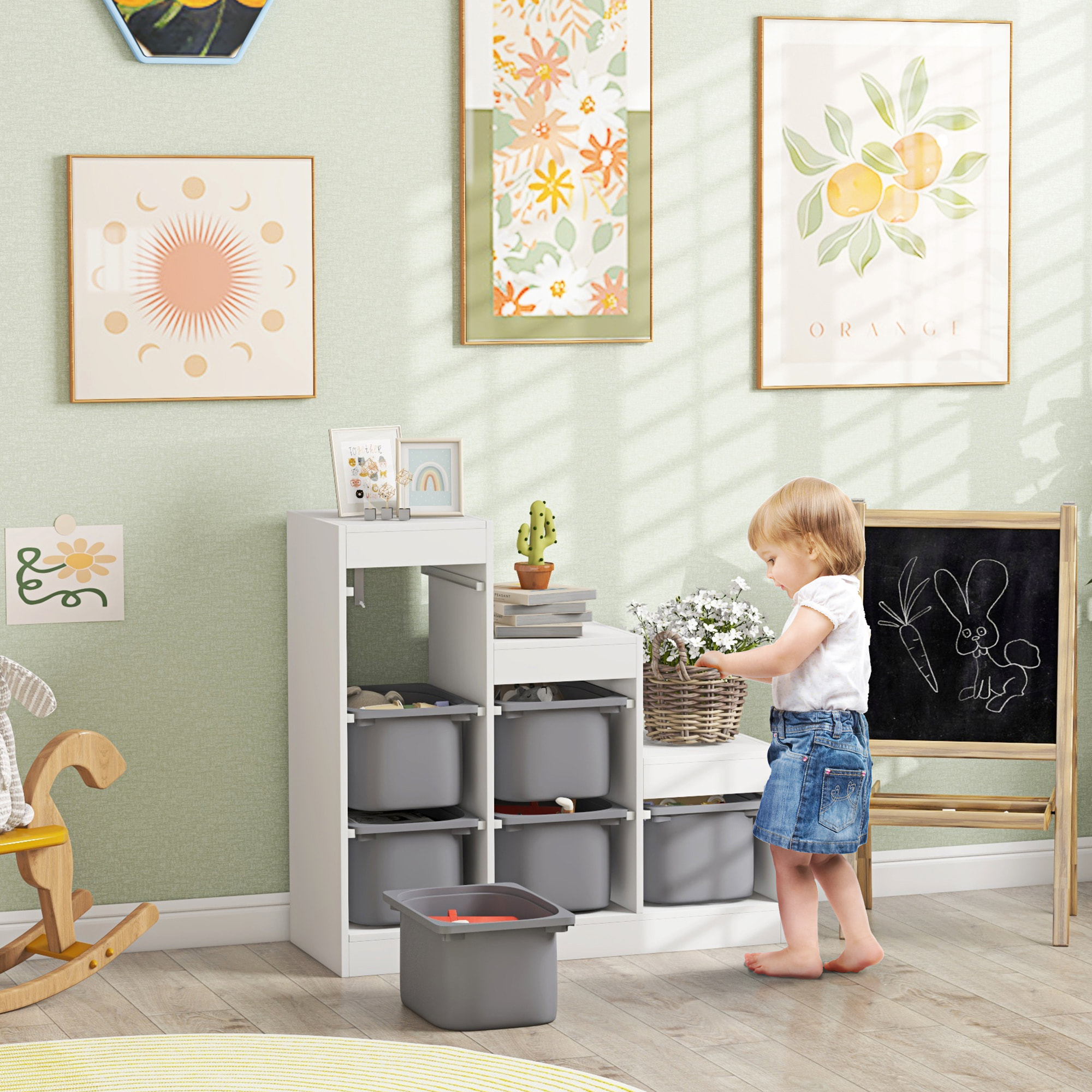 Rangement enfant - combinaison structure + bacs - coffre à jouet dim. 96L x 38l x 90H cm - blanc gris