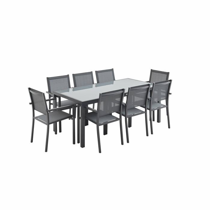 Salon de jardin en aluminium et textilène - Capua 180cm - Anthracite. gris - 8 places - 1 grande table rectangulaire. 8 fauteuils empilables