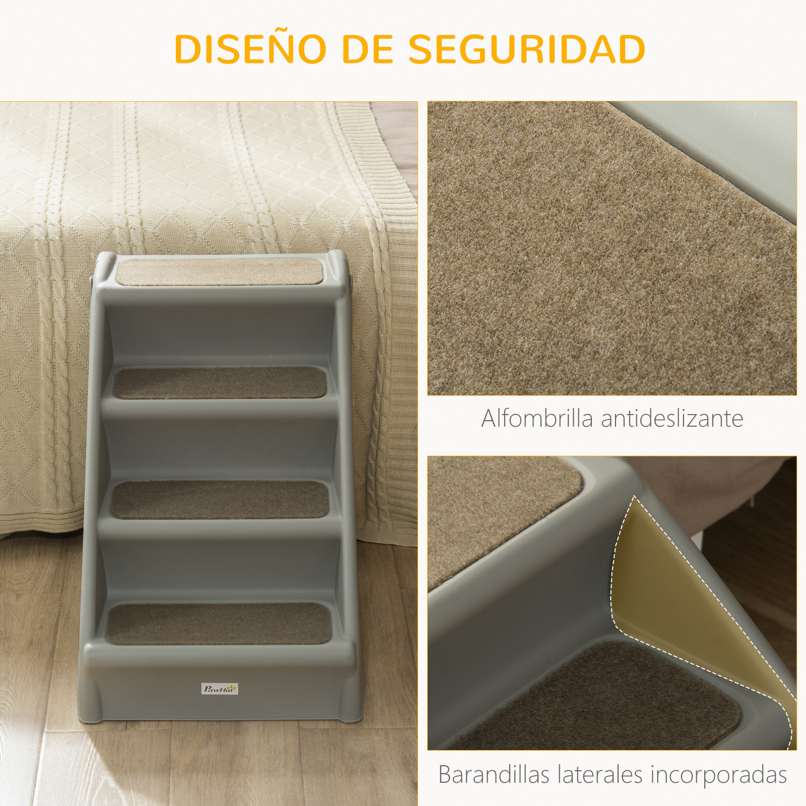 Escalera Plegable para Mascotas de 4 Peldaños Escalón para Perros Gatos Portátil con Alfombras Antideslizantes para Cama Sofá Carga 20 kg 62x38x49,5 cm Gris