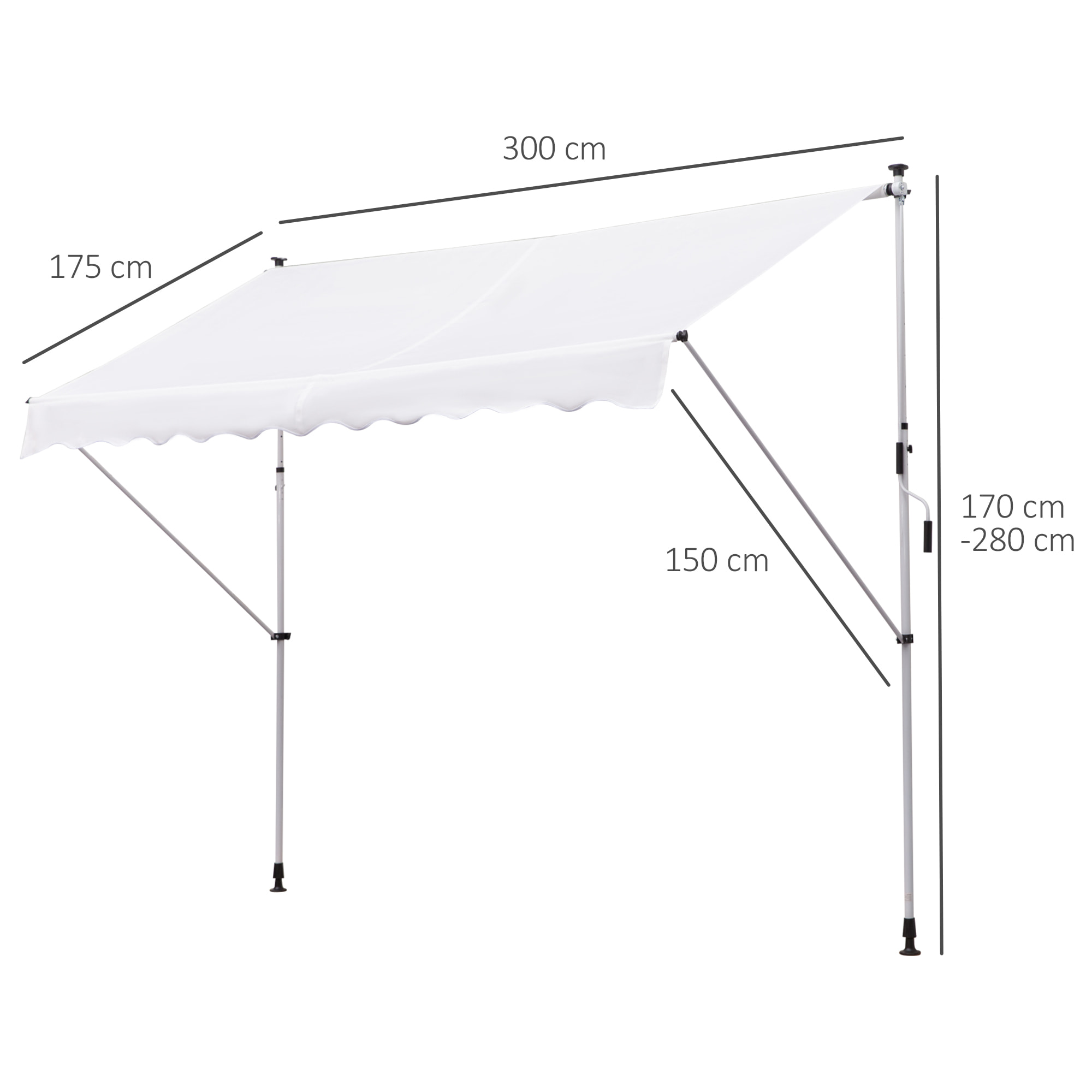 Toldo Manual Retráctil Exterior 300x150x170-280 cm Enrollable Manivela Blanco