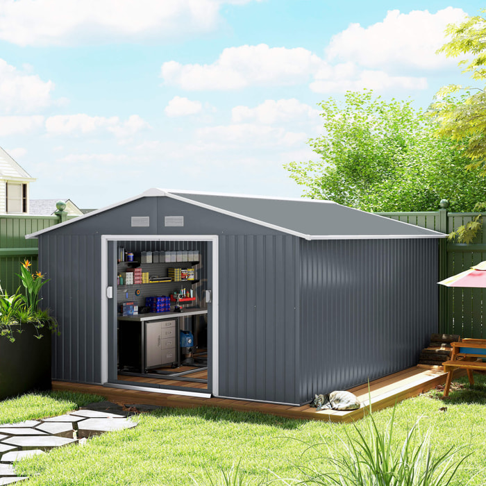 Caseta de Jardín Exterior 12,4 m² 340x386x200 cm Cobertizo de Jardín Exterior Metálico con Puerta Corredera, Base Refuerzo (Suelo NO Incluido) y Ventanas Gris Oscuro