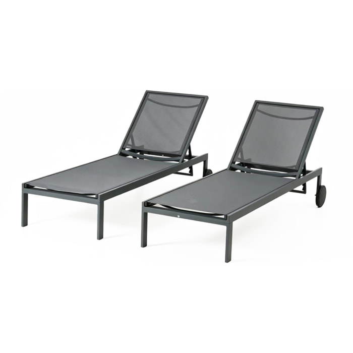 Lot de 2 bains de soleil inclinables gris foncé avec roues en aluminium CARA
