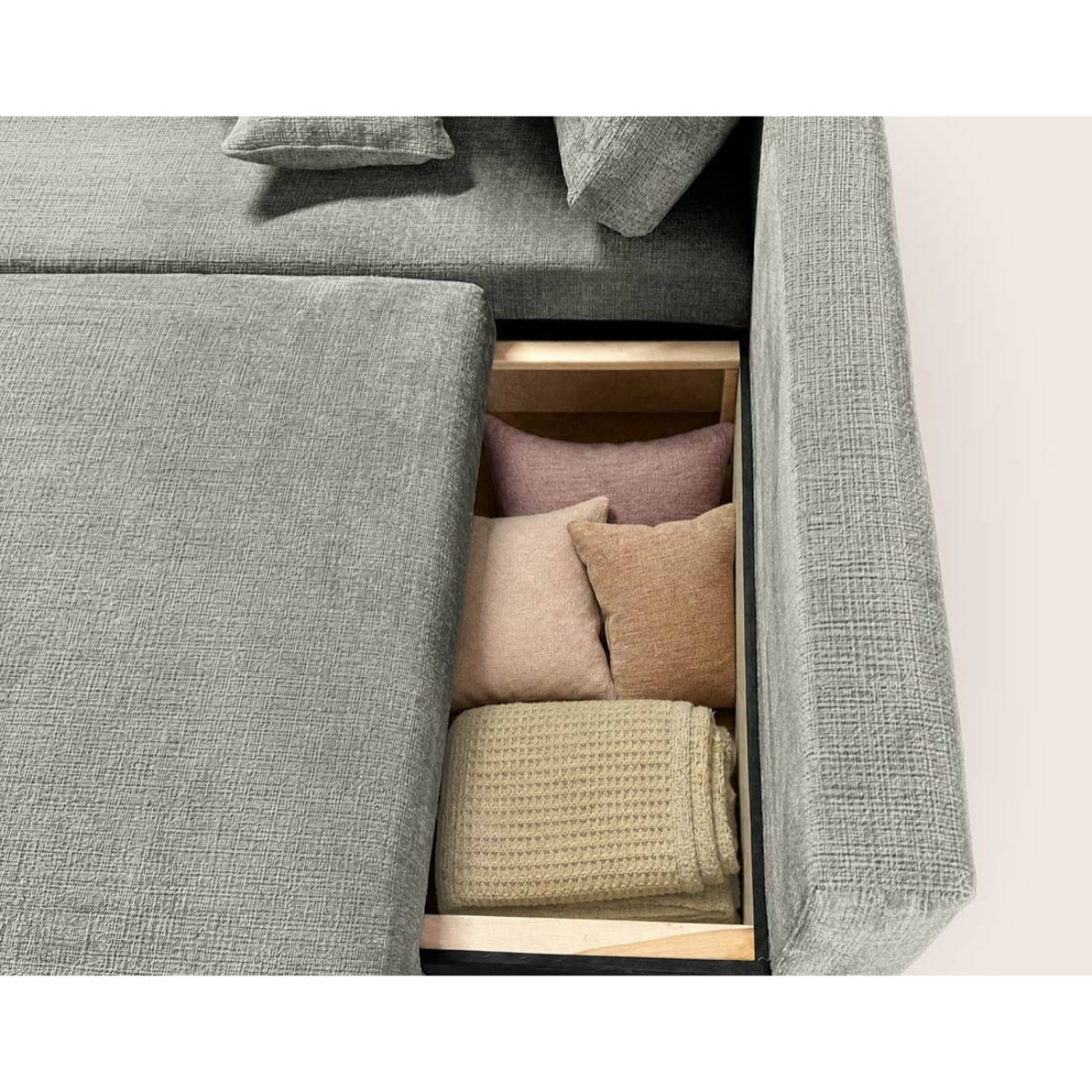Miro - Canapé d'angle gauche 4 places convertible avec coffre en velours texturé - Gris