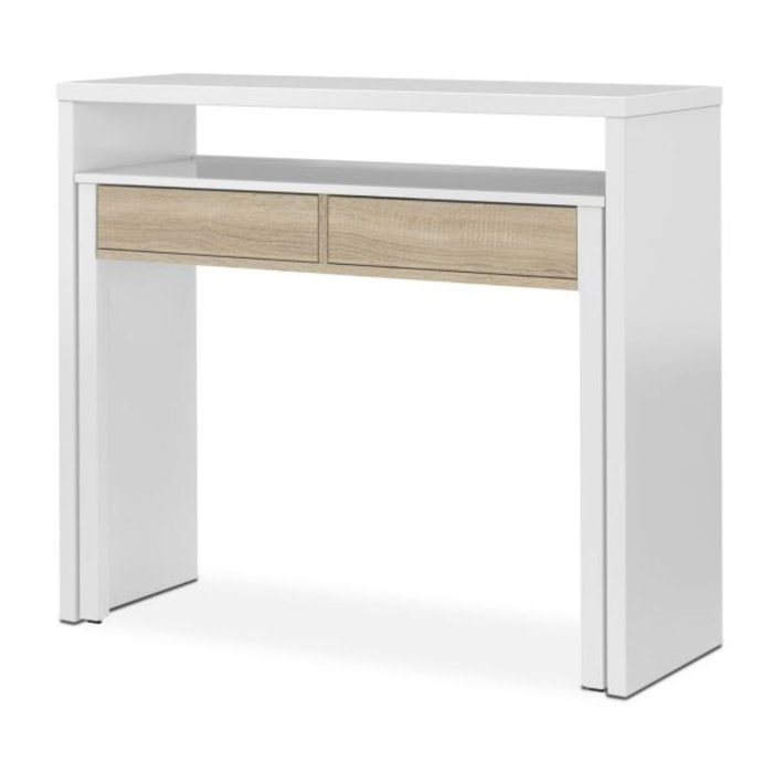Mesa de escritorio extensible Zira Blanco Artik (Blanco Mate) - Roble Canadian