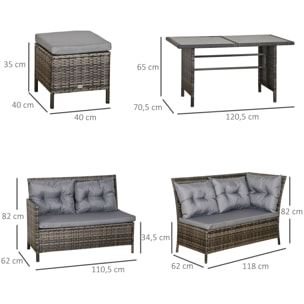 Salon de jardin 8 pers. grand confort canapé d'angle + 2 poufs + table à manger 12 coussins assise & dossier fournis polyester résine tressée grise