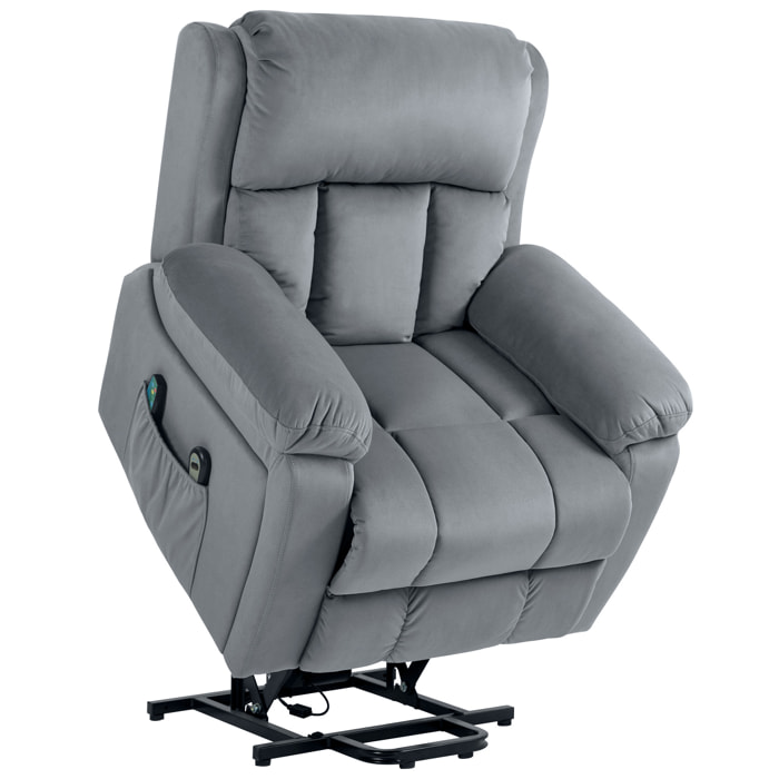 Sillón Relax Reclinable Eléctrico Levanta Personas, Sillón Elevador, con 8 Puntos de Masaje, Calefacción Lumbar, Control Remoto, Reposapiés, Tapizado en Cuero Sintético, Bolsillo Lateral, Gris