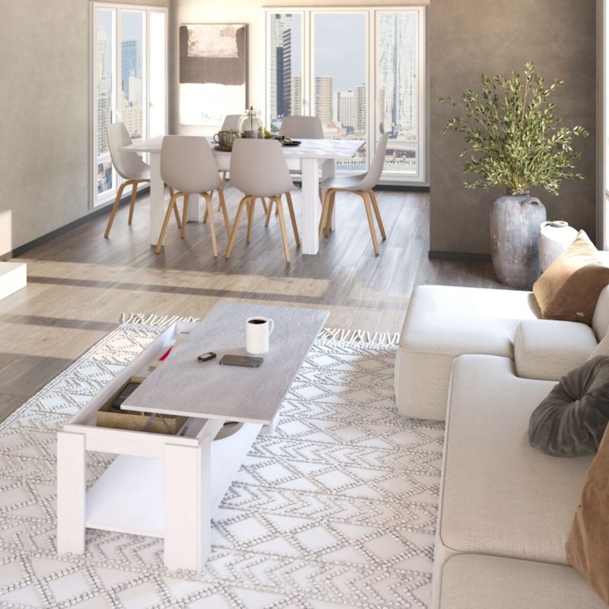 Pack mesa de comedor 140 y mesa de centro Lya Blanco Artik (Blanco Mate) - Gris Cemento