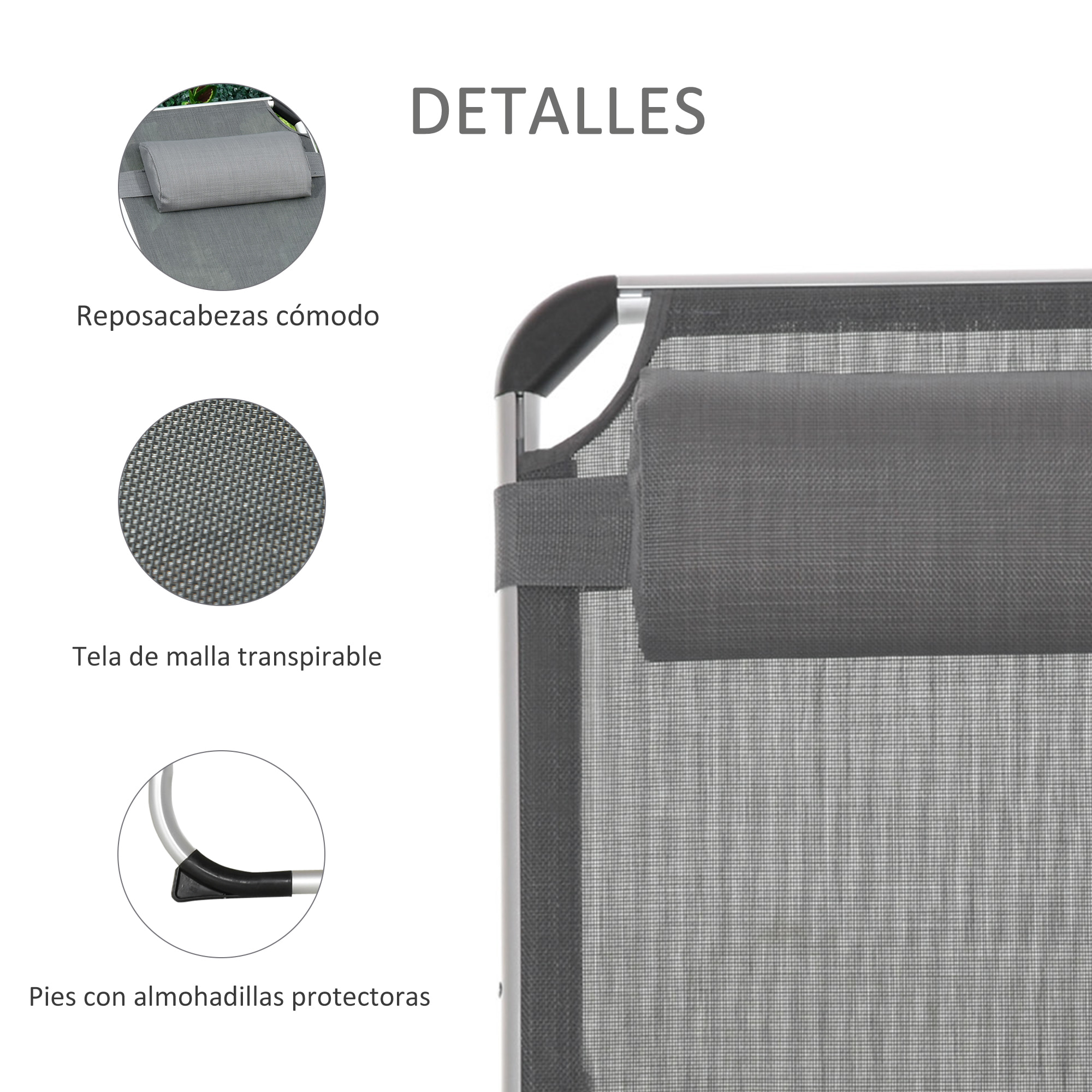 Conjunto de 2 Tumbonas Plegables de Aluminio Tumbonas de Jardín Reclinables con Reposacabezas Extraíble y Respaldo Ajustable en 4 Posiciones para Terraza Piscina Playa 165x60x76 cm Gris