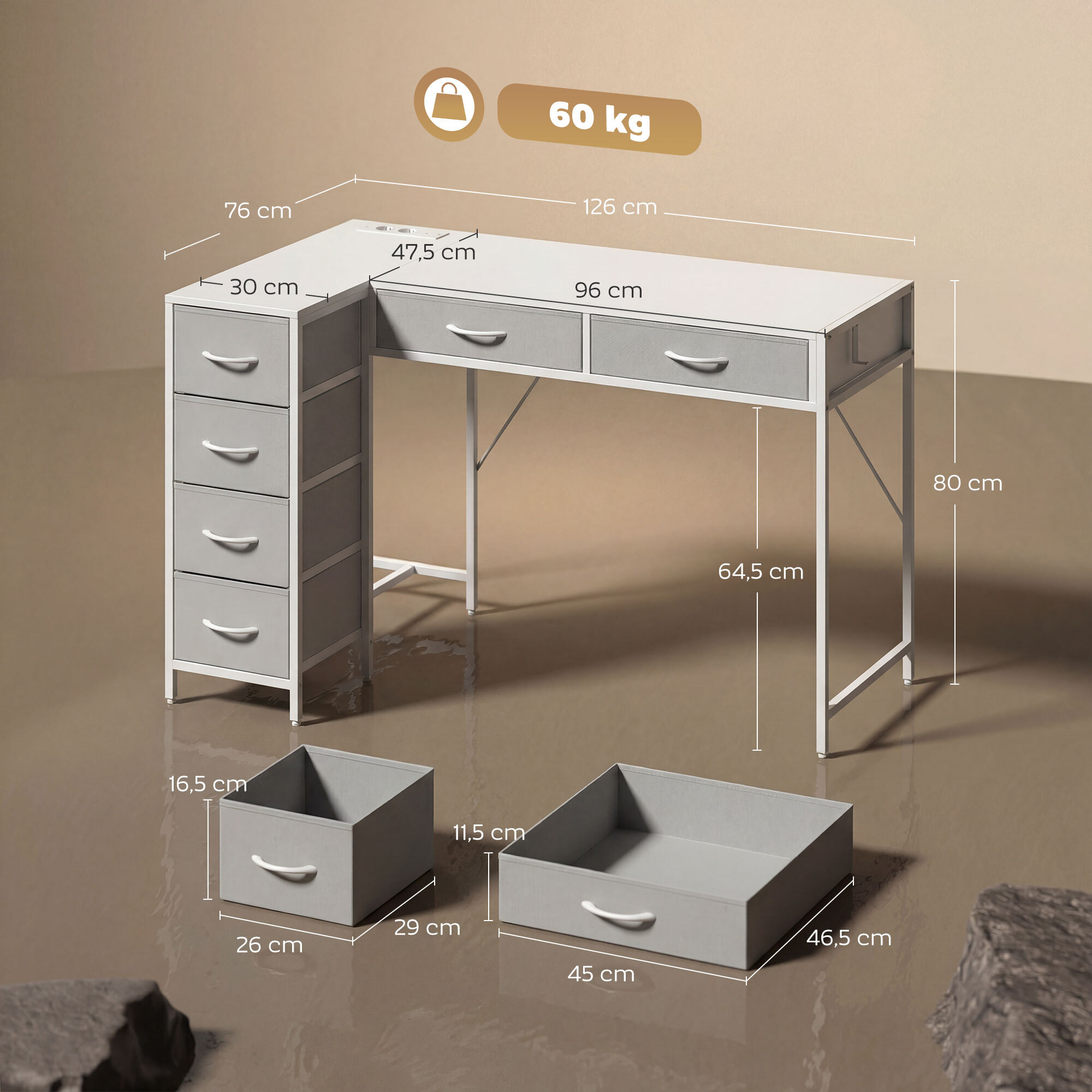 Escritorio Esquinero Reversible con 6 Cajones de Tela, 126x48 cm, Escritorio en L con Toma de Corriente, Puerto de Carga USB y USB-C, Mesa en L para Oficina en Casa, Estudio, Blanco