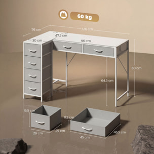 Escritorio Esquinero Reversible con 6 Cajones de Tela, 126x48 cm, Escritorio en L con Toma de Corriente, Puerto de Carga USB y USB-C, Mesa en L para Oficina en Casa, Estudio, Blanco