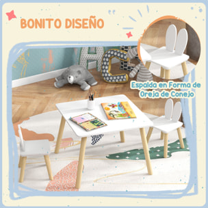 Juego de Mesa y 2 Sillas Infantiles Mesa Infantil con Sillas Respaldos con Orejas de Conejo Mesa Infantil para Guardería Sala de Juegos Blanco