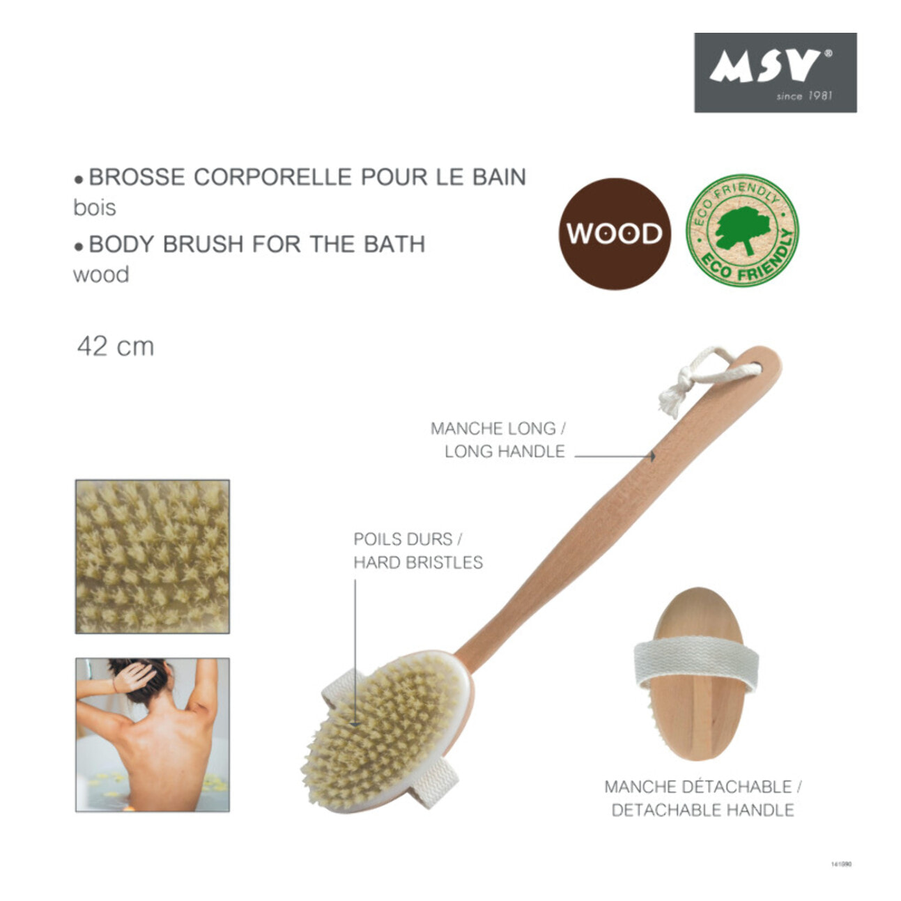 Brosse de bain en bois avec manche détachable MSV