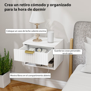 Juego de 2 Mesitas de Noche Flotantes Estrechas, Mesillas de Noche Dormitorio con Cajón con Frente Acanalado y Estante Abierto, para Sala de Estar, 40x34x29 cm, Blanco
