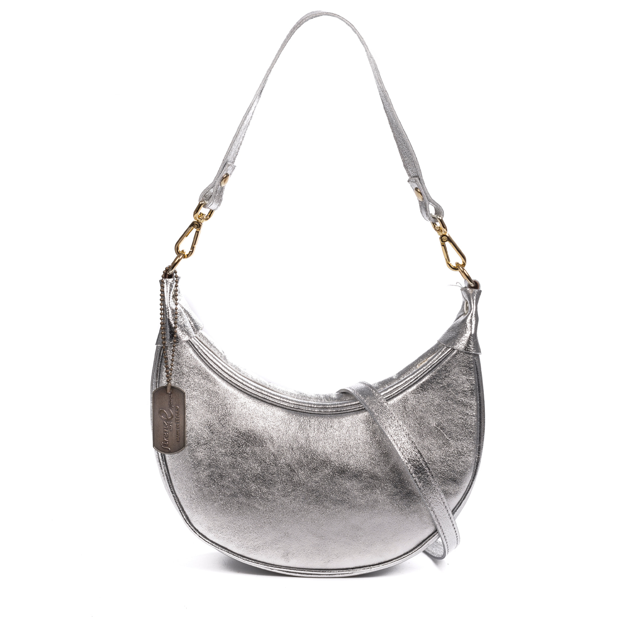 Asís borsa a tracolla e a mano, in pelle autentica con finitura in suede laminato, con design a mezzaluna.