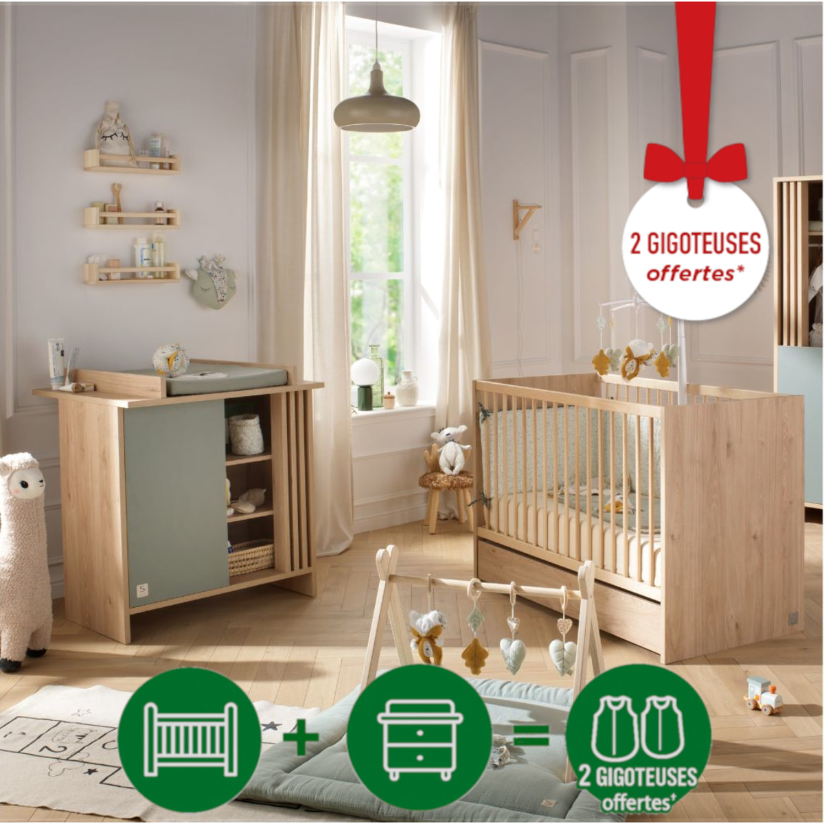 Chambre bébé complète Tokyo, Lit 120x60 et Commode à langer claustra - Chêne suave