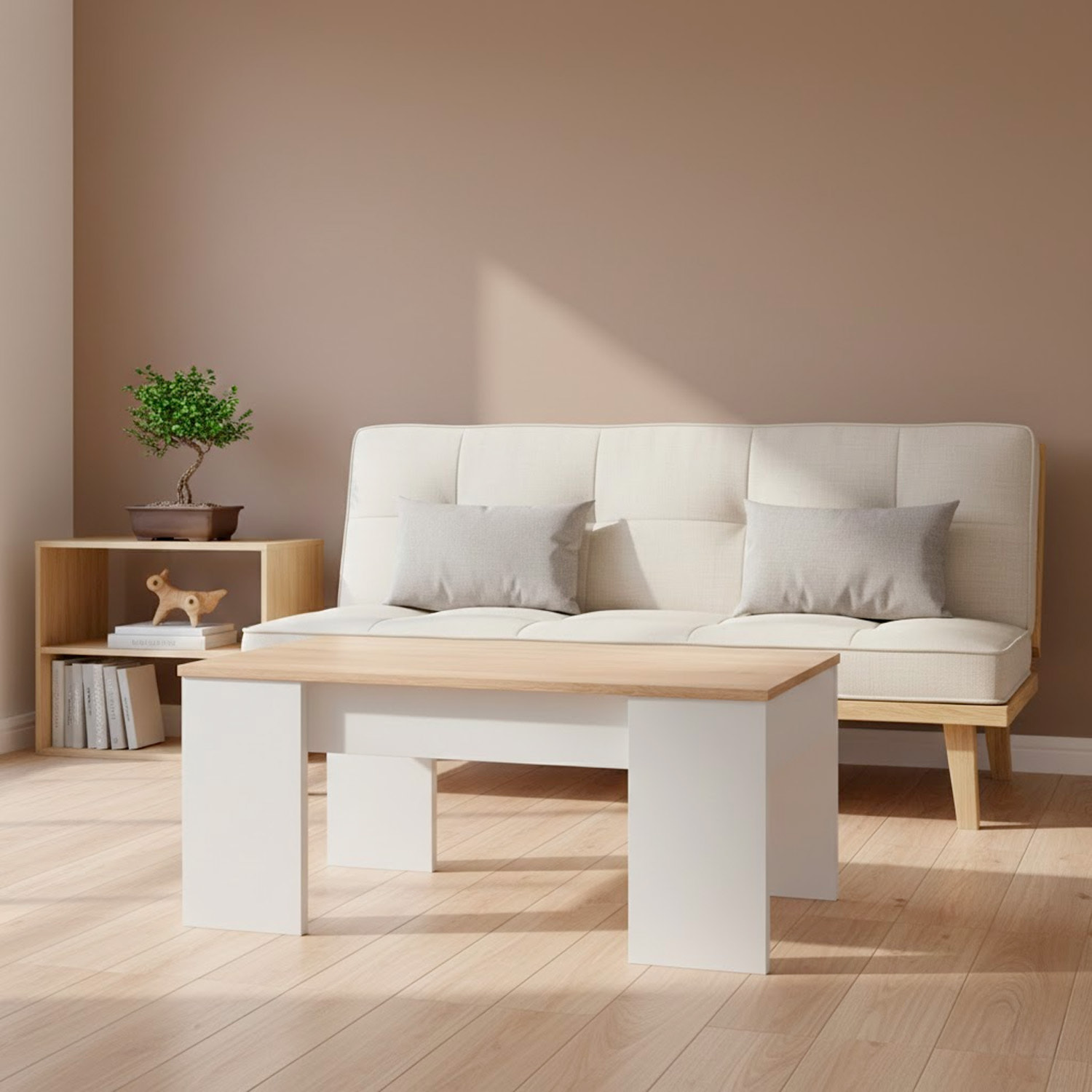 Tavolino da Salotto Alzabile Con Vano Contenitore Tavolo Multifunzione Salvaspazio Soggiorno Piano Sollevabile 100 x 50 x 54–56 cm Bianco E Rovere