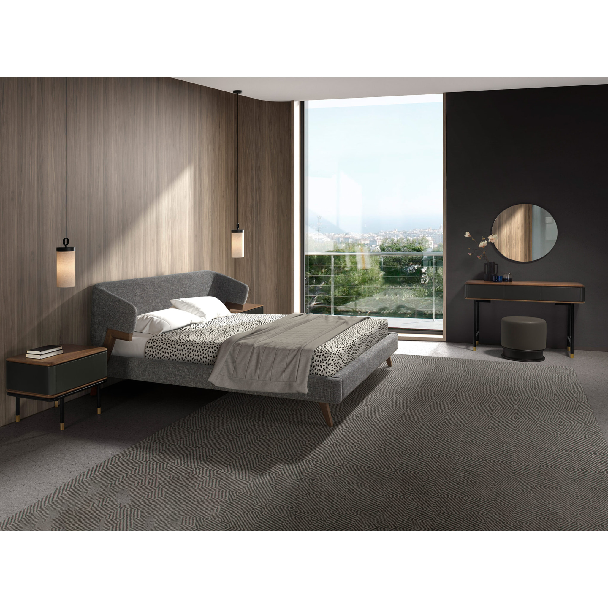 Cama de matrimonio en tela gris y patas de madera chapada en nogal natural 211x220x95cm