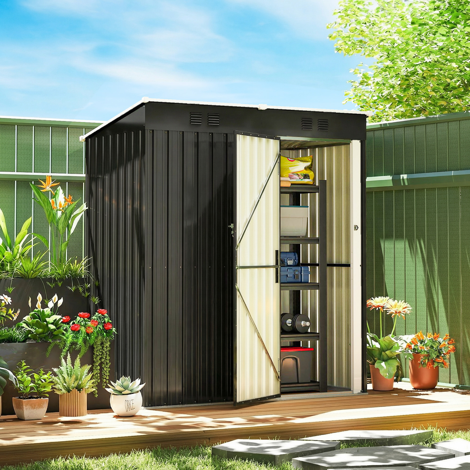 Abri de jardin 1,37 m² - cabanon porte verrouillable - tôle d'acier ondulé anthracite blanc