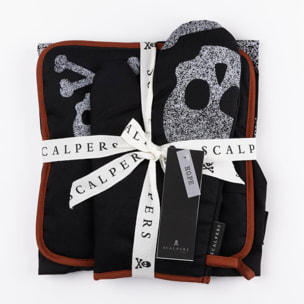 Set cocina 3 piezas 100% algodón 190gsm - delantal ajustable con bolsillo + manopla + agarrador - con estampado calavera color negro