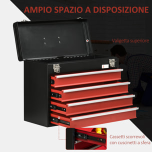 DURHAND Cassetta Porta Attrezzi in Acciaio con 4 Cassetti e Vassoio Superiore, 51x22x39.5 cm, Rosso e Nero