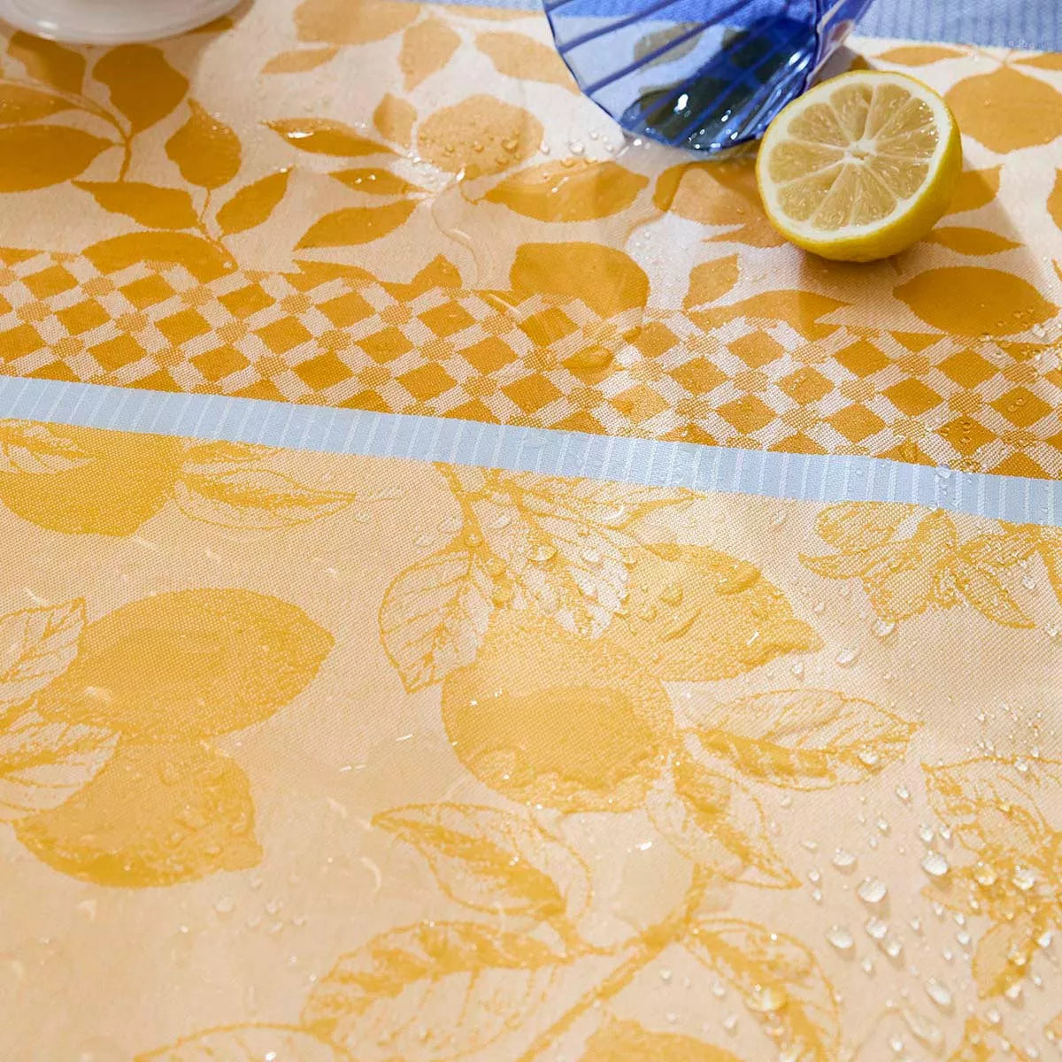 Nappe pur coton enduit 220 g/m² motif jacquard bleu jaune Mille citrons provence