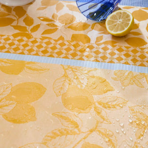 Nappe pur coton enduit 220 g/m² motif jacquard bleu jaune Mille citrons provence