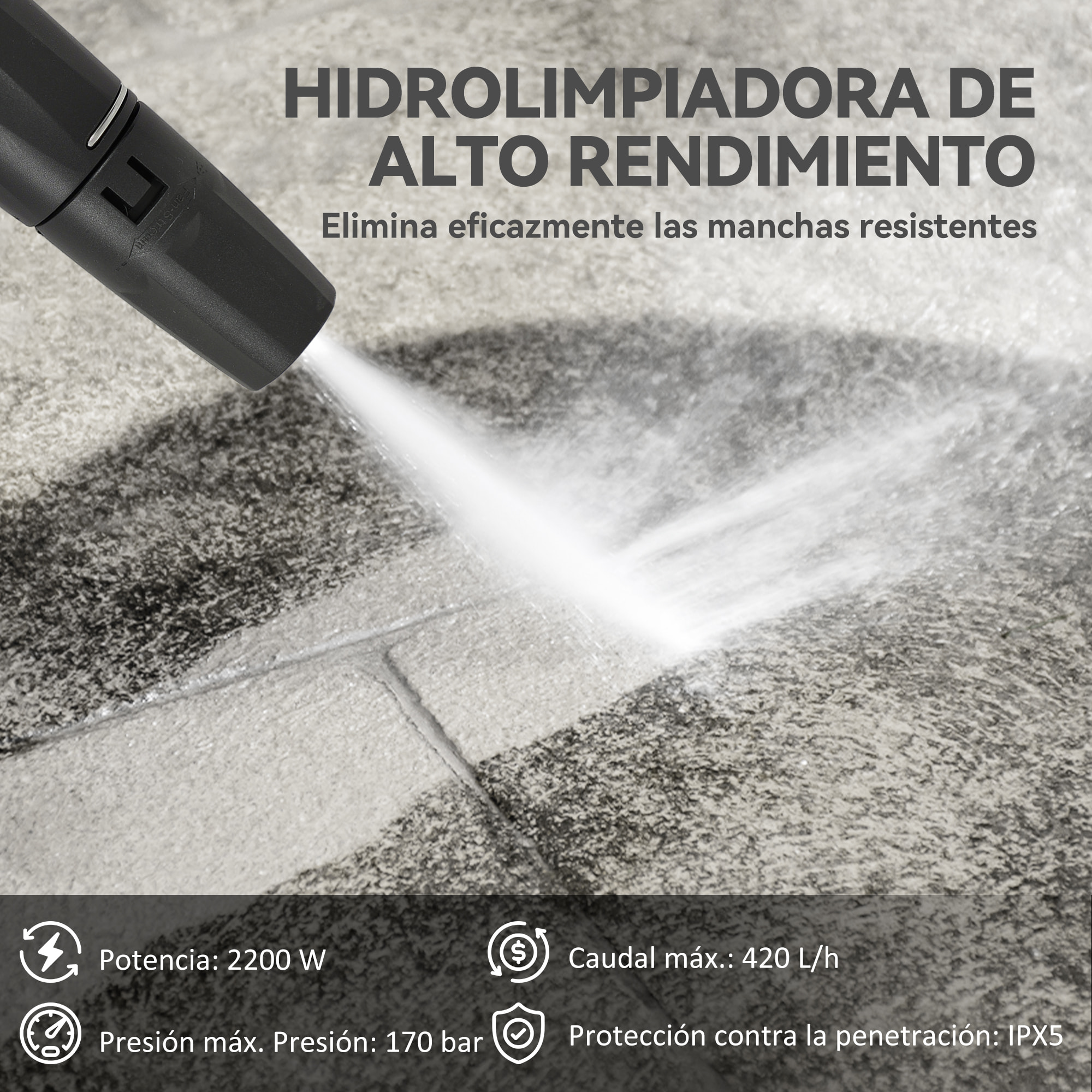 Hidrolimpiadora de Alta Presión 2200W, Presión 170 Bar, Caudal 420 L/h, con Bomba de Aluminio, Parada Automática, Manguera de 6 m, Incluye Botella de Espuma y Boquilla Ajustable Verde y Negro