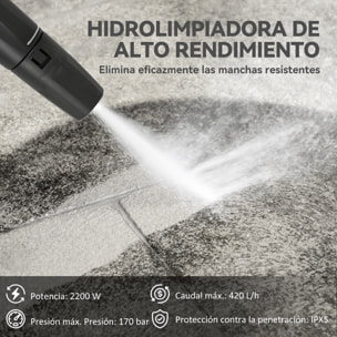 Hidrolimpiadora de Alta Presión 2200W, Presión 170 Bar, Caudal 420 L/h, con Bomba de Aluminio, Parada Automática, Manguera de 6 m, Incluye Botella de Espuma y Boquilla Ajustable Verde y Negro
