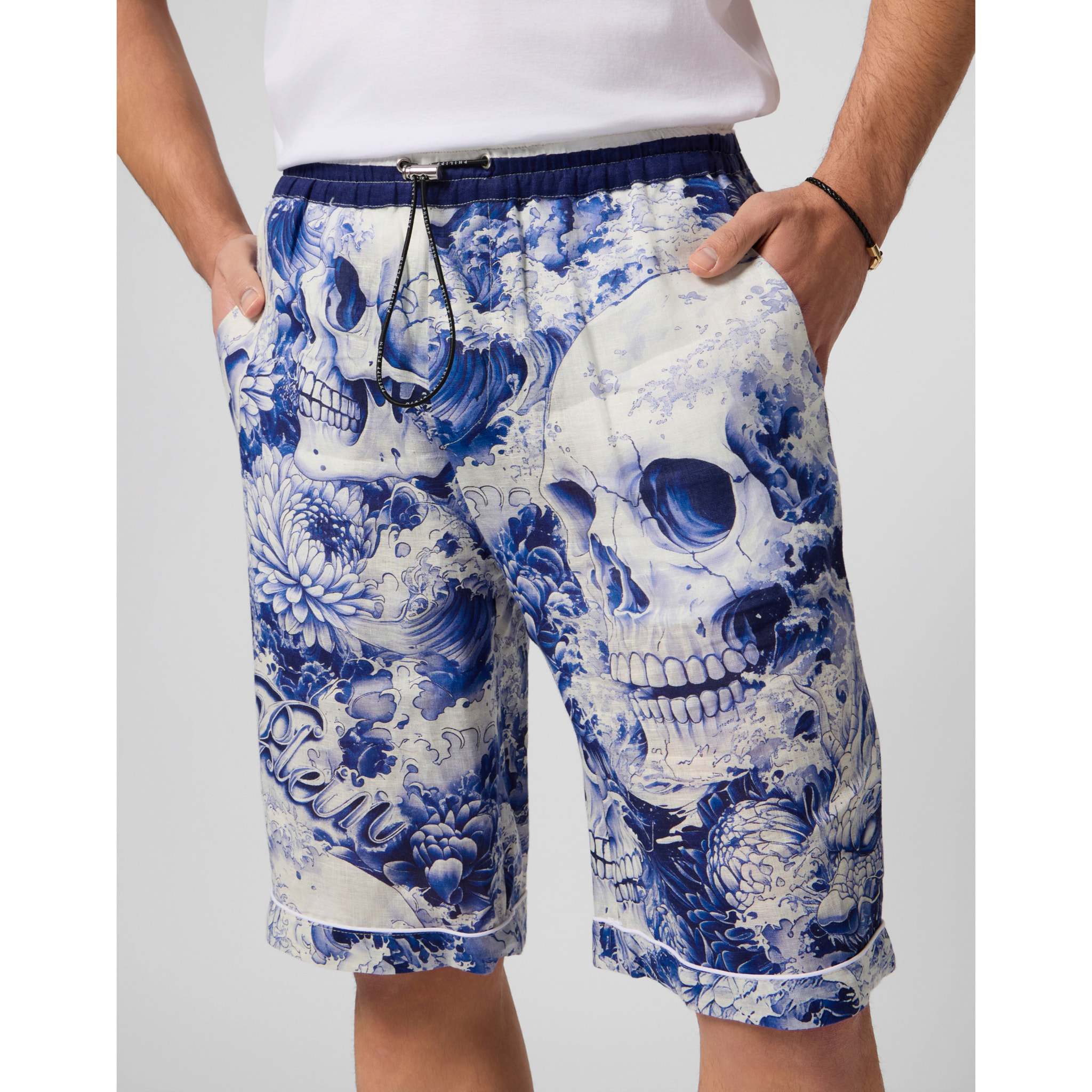 PHILIPP PLEIN Linen Bowling Shorts All-Over Ceramic