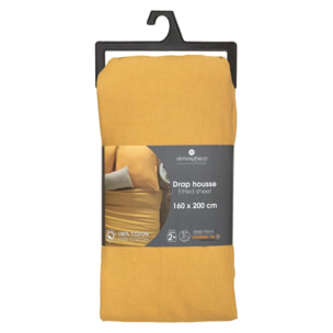 Drap-housse en coton - jaune moutarde - bonnet H30cm - 160x200 cm