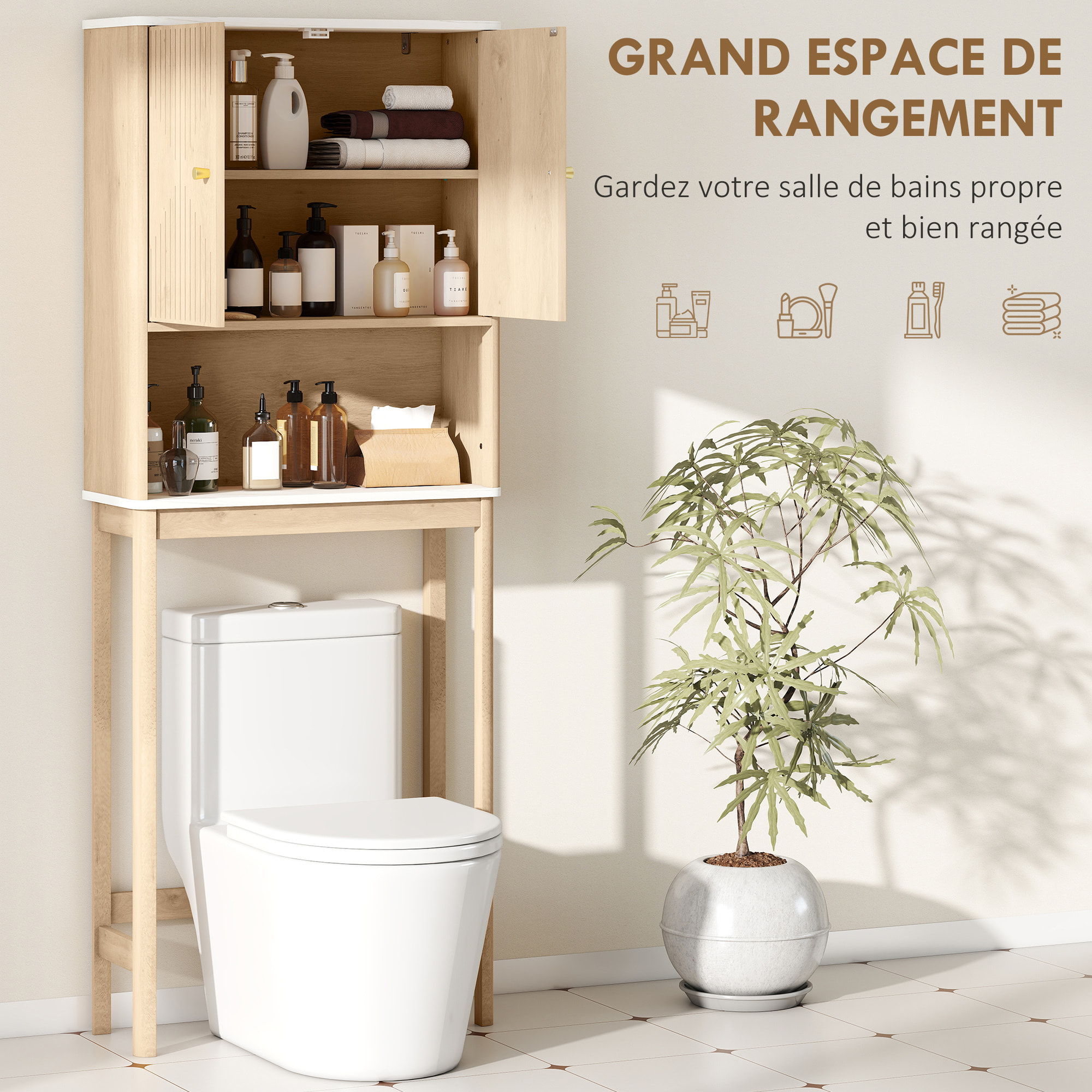Meuble WC dessus de toilette style bois naturel effet marbre blanc 2 portes étagère niche