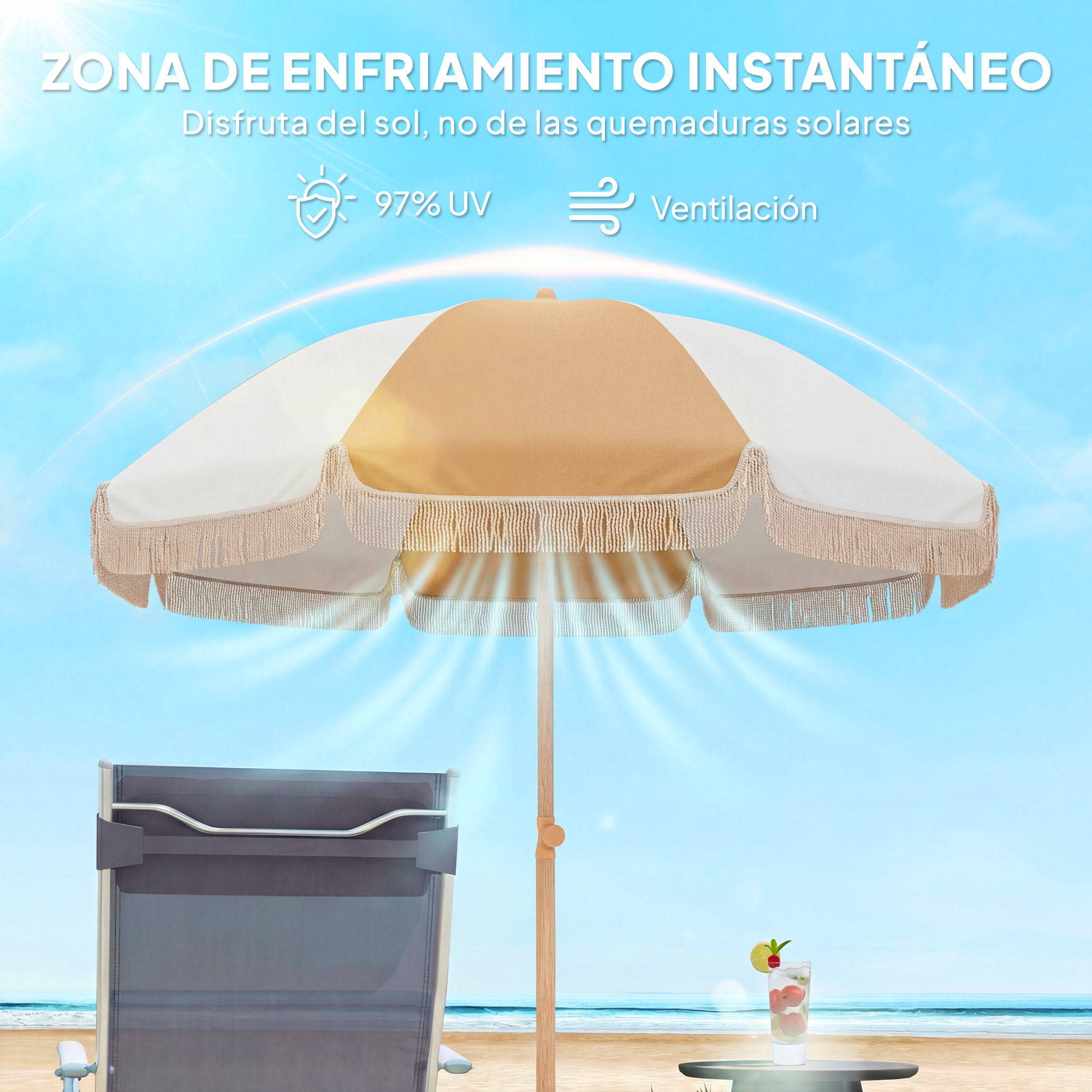 Sombrilla de Playa con Flecos Ø175 cm, Sombrilla de Terraza Exterior con Altura Ajustable, Inclinación 30°, Anclaje Arena, UPF30+ y Bolsa de Transporte, Blanco y Beige