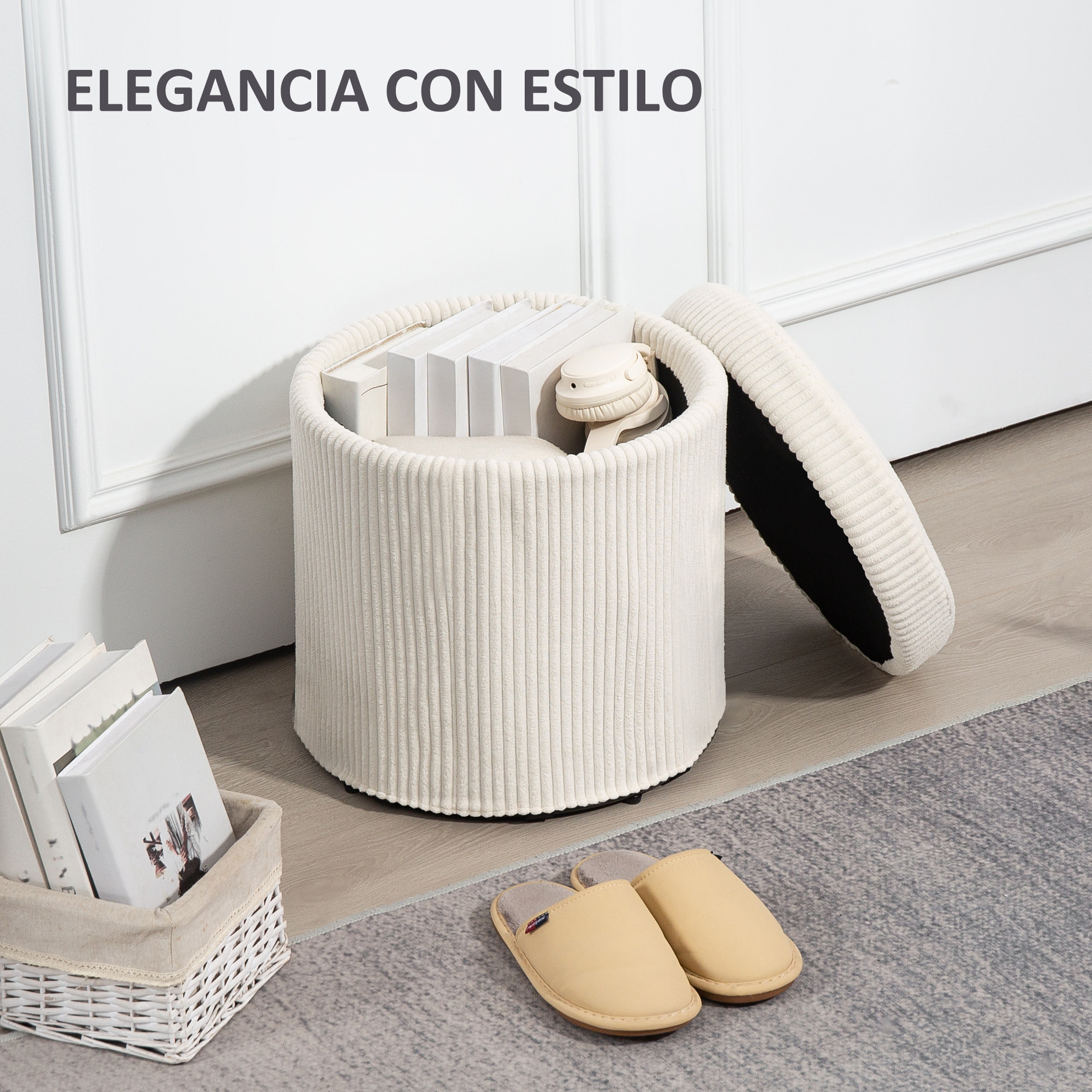 Puff Almacenaje Baúl de Almacenaje Redondo Tapizado en Pana Asiento Acolchado Tapa Extraíble para Pasillo Dormitorio Salón Ø40x41 cm Beige