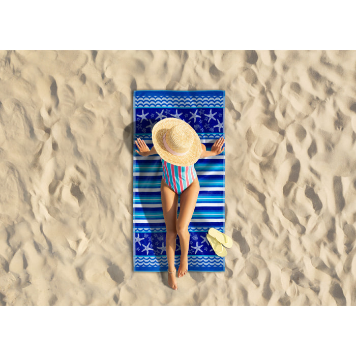 Telo Mare Spugna Jacquard Spiaggia Disegno Stelle Marine