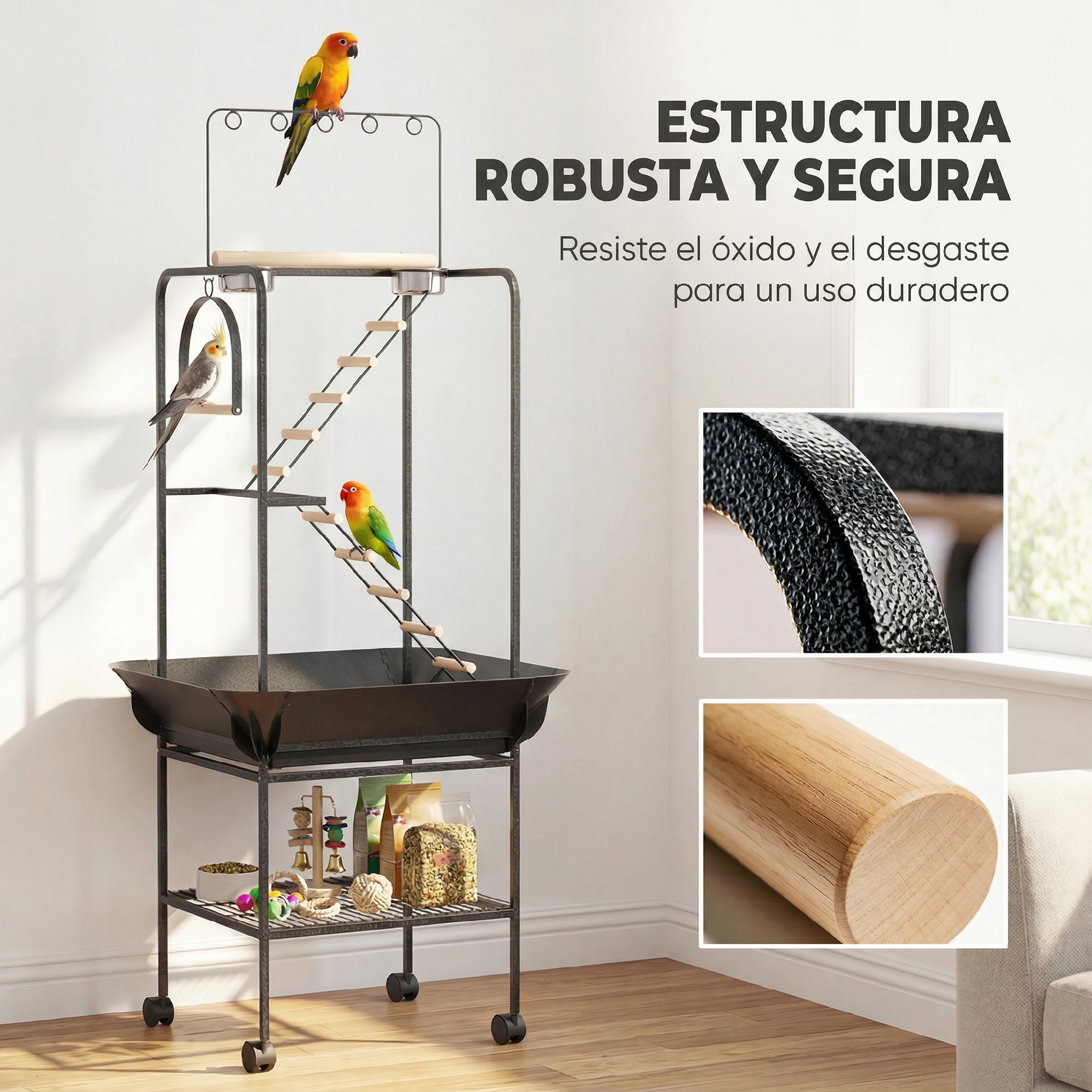 Parque de Juegos para Pájaros, Soporte para Pájaros con Ruedas, Escaleras, Columpio, Protector de Semillas, Bandeja, Comederos, Perchas, Gancho, Estante, para Periquitos Cacatúas, 63x63x163 cm