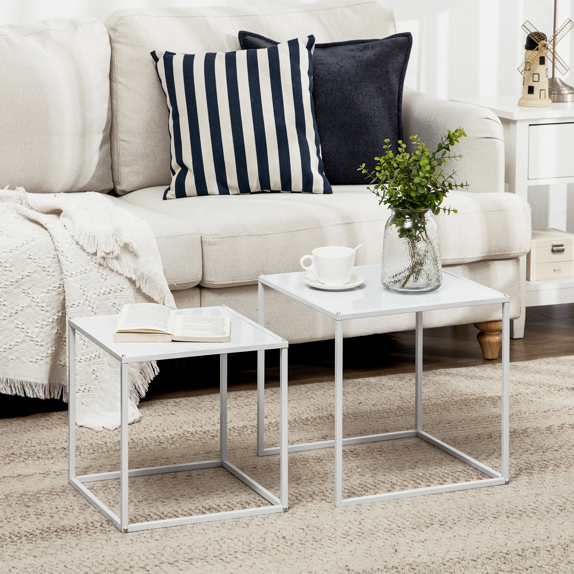 Lot de 2 tables basses gigognes carrées design contemporain encastrable acier blanc