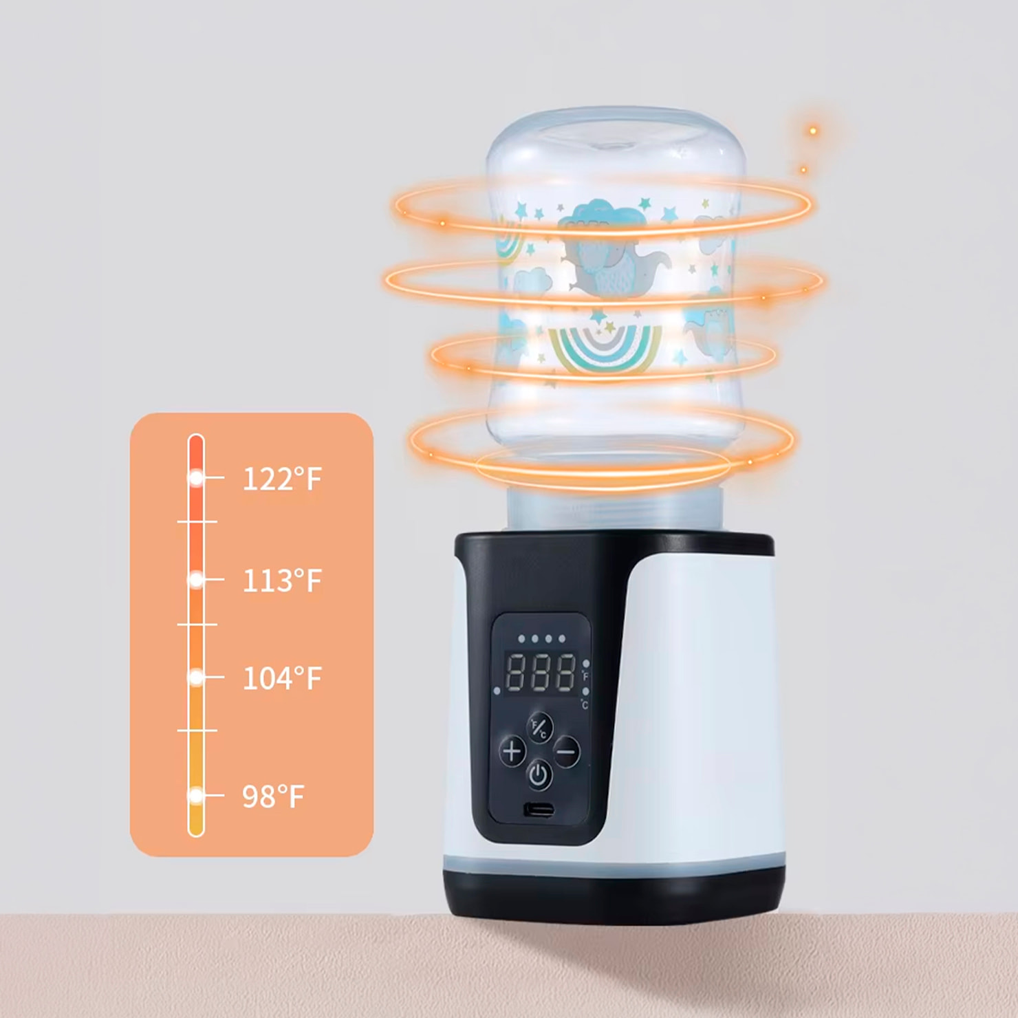 Scaldabiberon WN-01 con batteria ricaricabile da 5200 mAh e potenza di 75W. Include 6 adattatori e 1 biberon da 250ml.