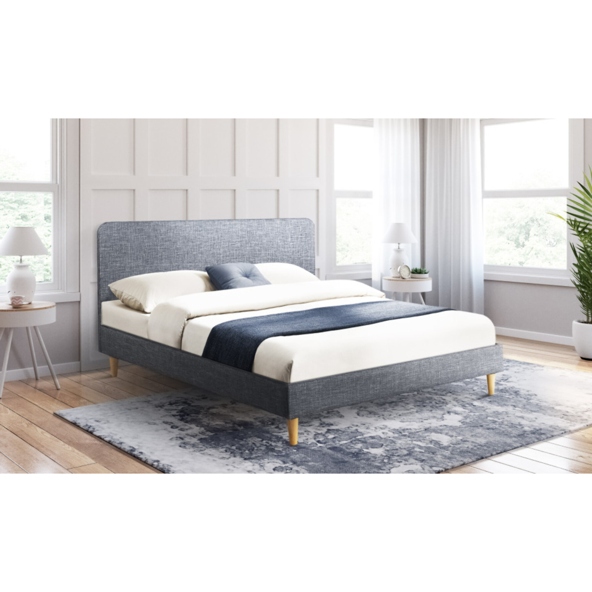 Lit Evy 160x200cm tissu gris pieds bois