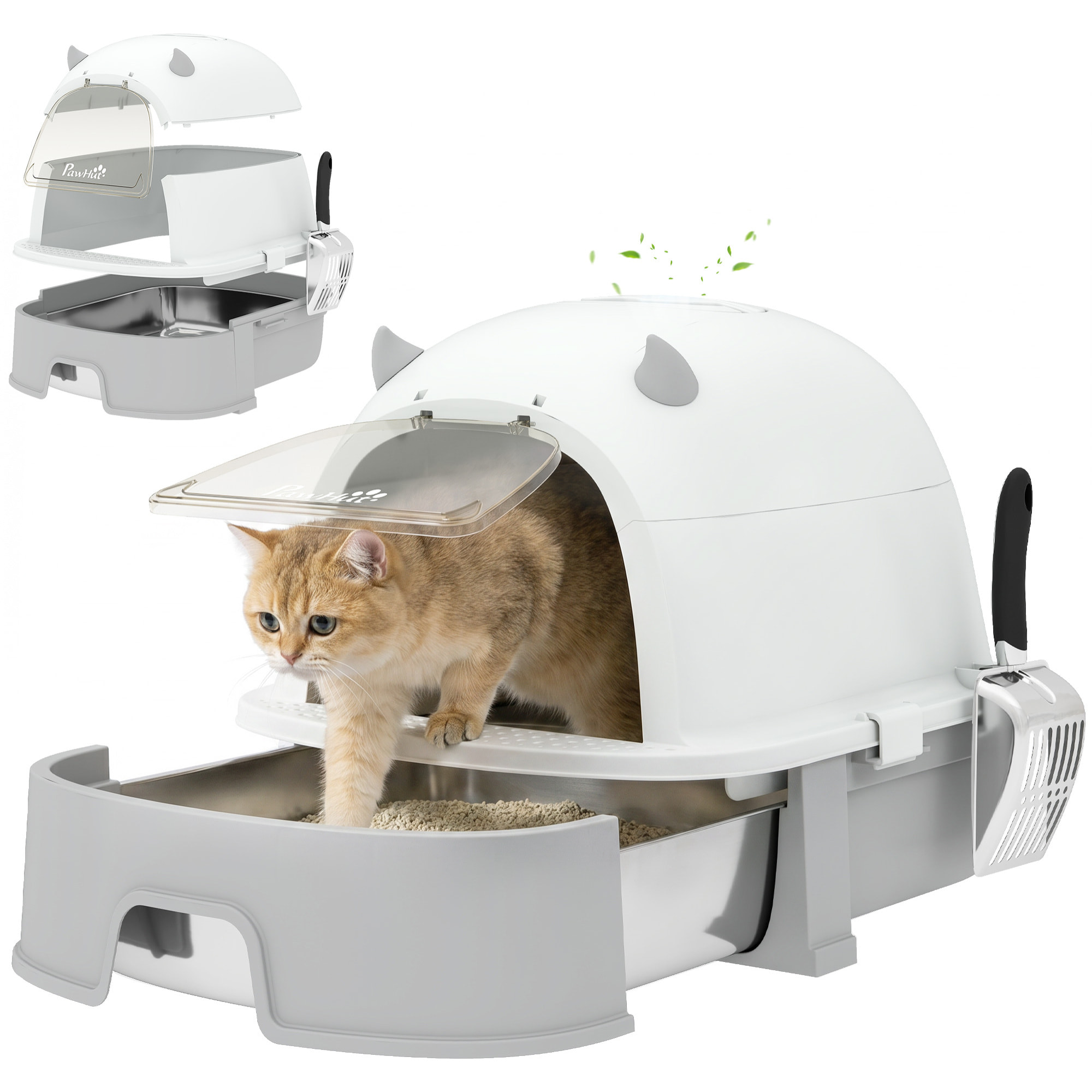 Arenero para Gatos, L, Caja de Arena para Gatos con Tapa Extraíble y Bandeja de Acero Inoxidable Extraíble, Pala, Filtros de Carbón, Fácil de Limpiar, Antifugas, Control de Olores, Gris