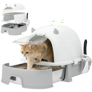Arenero para Gatos, L, Caja de Arena para Gatos con Tapa Extraíble y Bandeja de Acero Inoxidable Extraíble, Pala, Filtros de Carbón, Fácil de Limpiar, Antifugas, Control de Olores, Gris