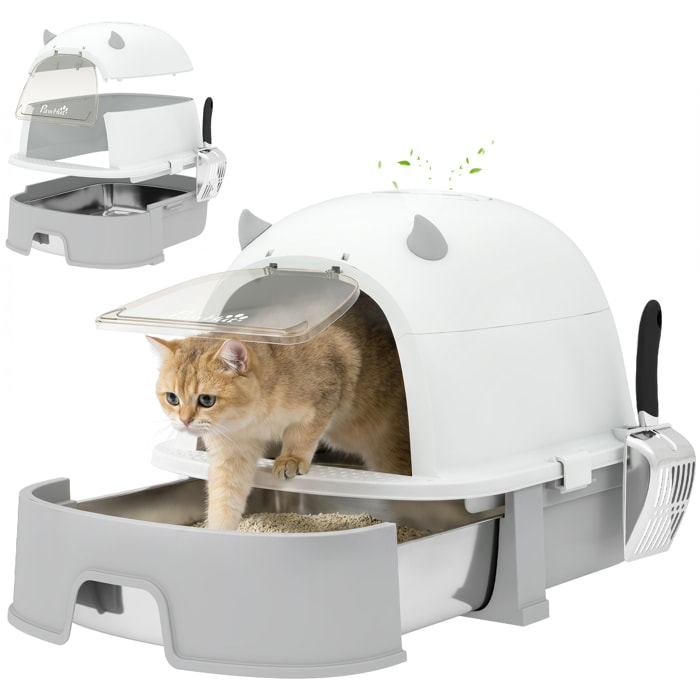 Arenero para Gatos, L, Caja de Arena para Gatos con Tapa Extraíble y Bandeja de Acero Inoxidable Extraíble, Pala, Filtros de Carbón, Fácil de Limpiar, Antifugas, Control de Olores, Gris
