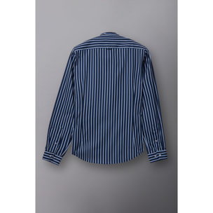 Camicia Uomo Coreano Slim Popeline Riga Larga Blu\Bianco