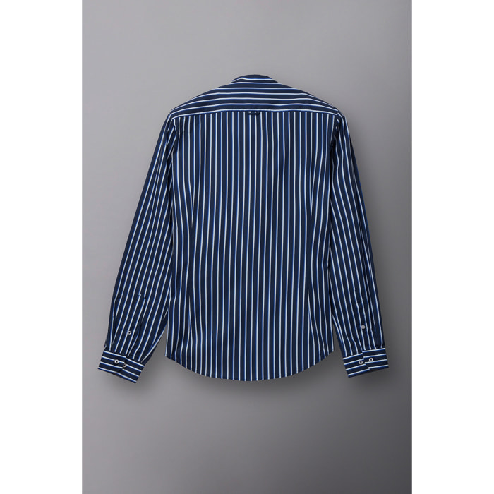 Camicia Uomo Coreano Slim Popeline Riga Larga Blu\Bianco