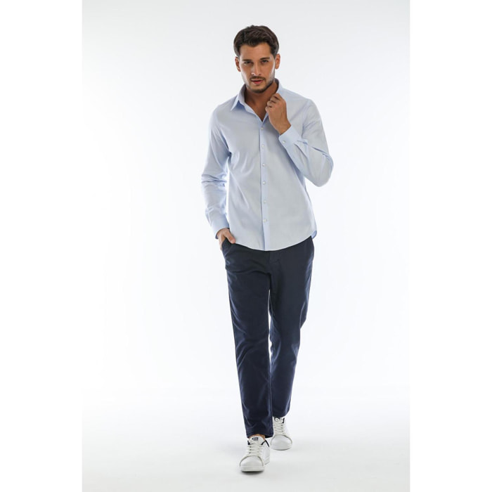 Camicia Uomo 1 Bottone Italiano Slim Cotone Unito Celeste