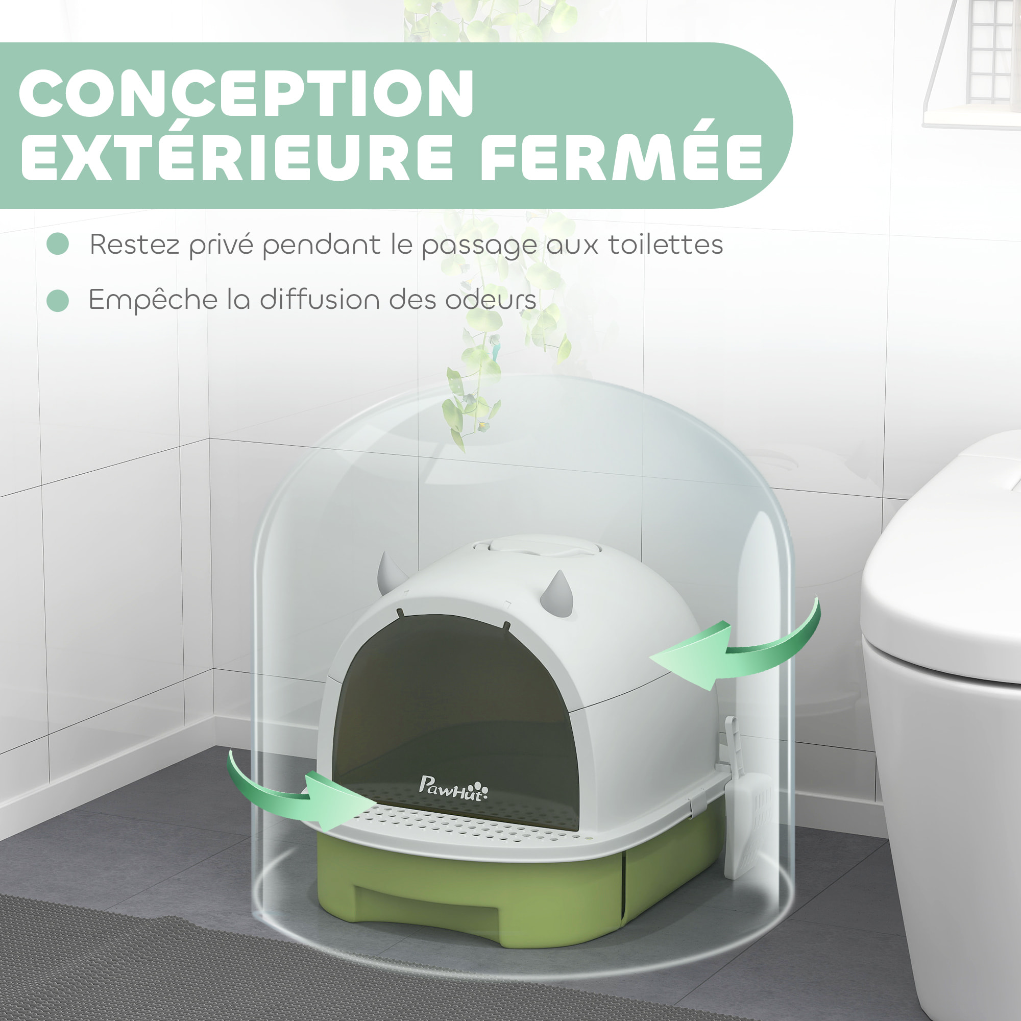 Maison de toilette chat design - porte fumée, pelle, 2 sacs désodorisation, tiroir litière coulissant, poignée - blanc vert